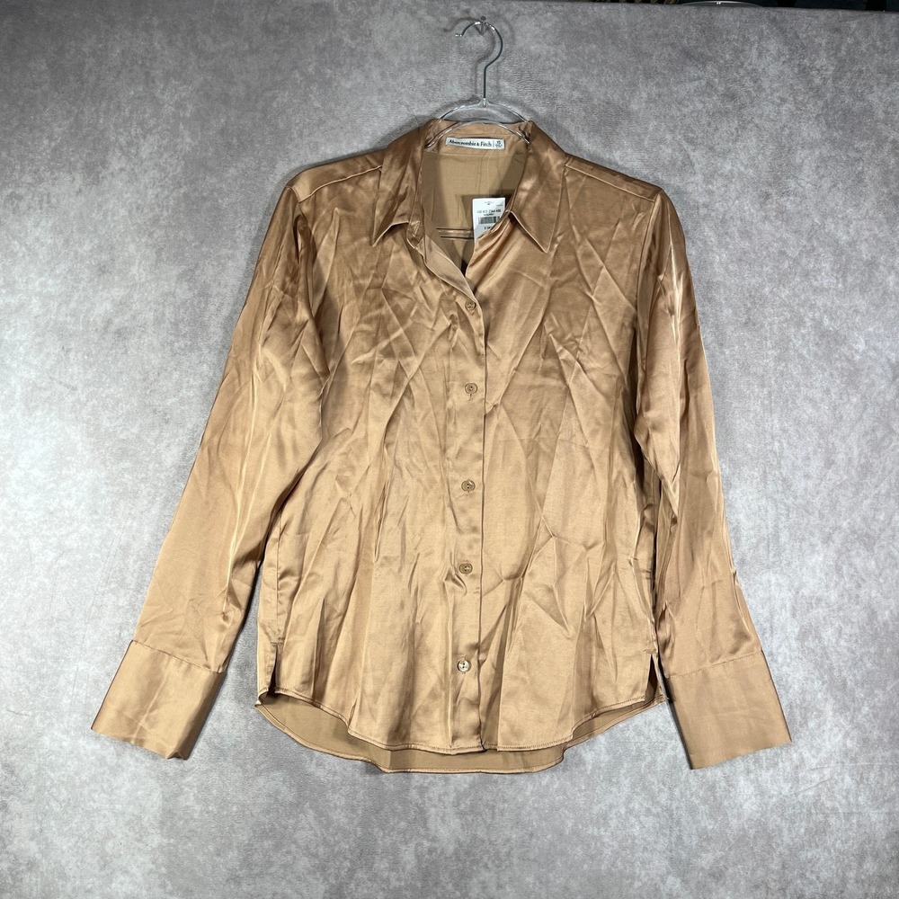Abercrombie & Fitch Shirt Womens Size XS Tan Satin‎ Button Up Long Sleeves NEW